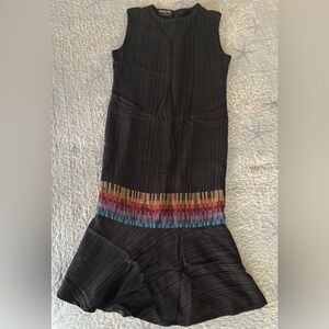 Handwoven Mahota Sleeveless Sheath with Colorful blocking and ruffled hem.